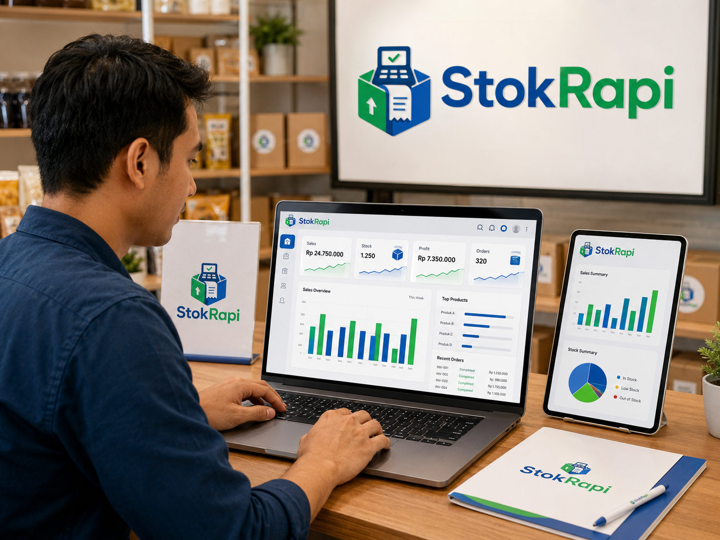 Pemilik usaha memantau laporan penjualan dan stok melalui dashboard StokRapi